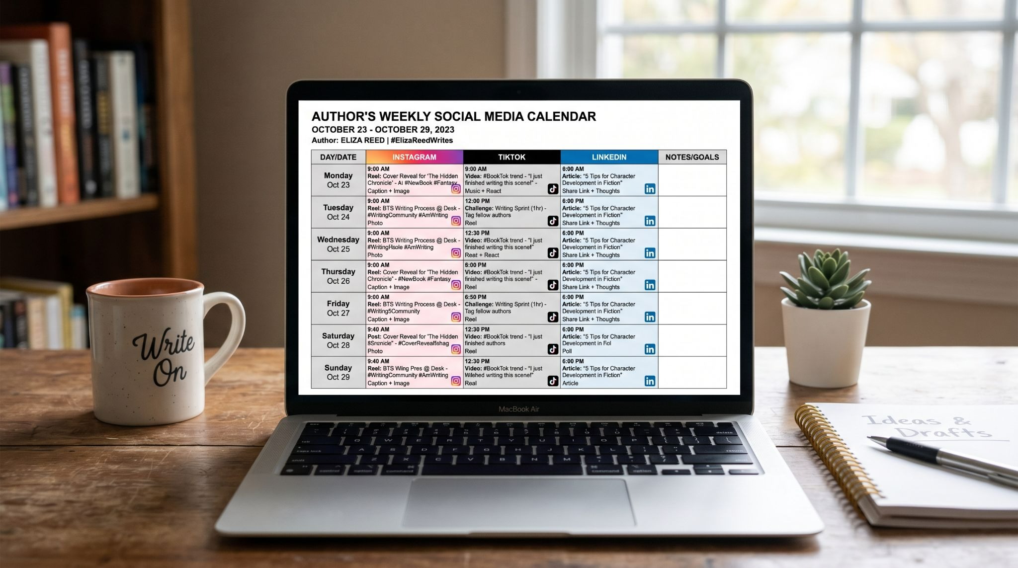 A clock graphic overlaid on social media platform logos showing optimal posting times for authors on Instagram, TikTok, LinkedIn, and Facebook