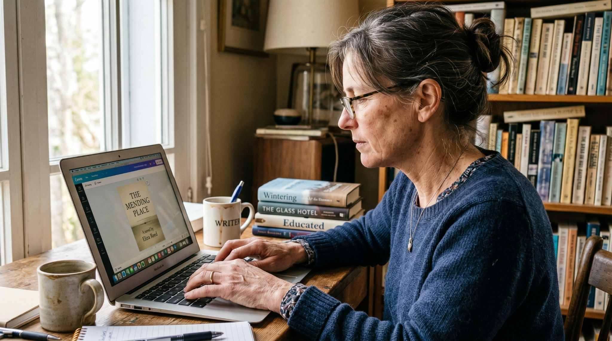 Author creating social media content on a laptop, with a book cover mockup visible on screen