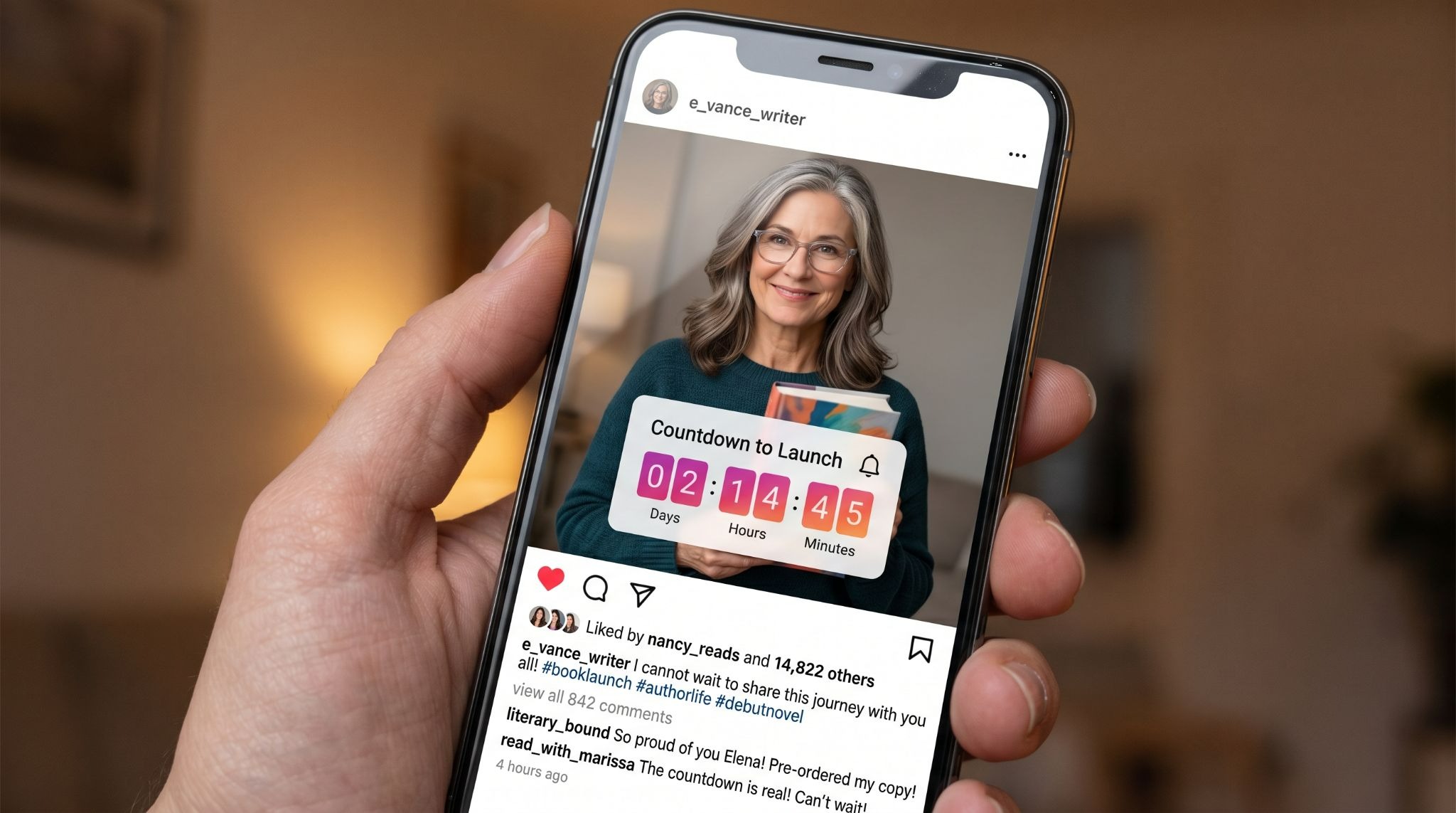 Smartphone showing an author's book launch countdown post with high engagement on Instagram