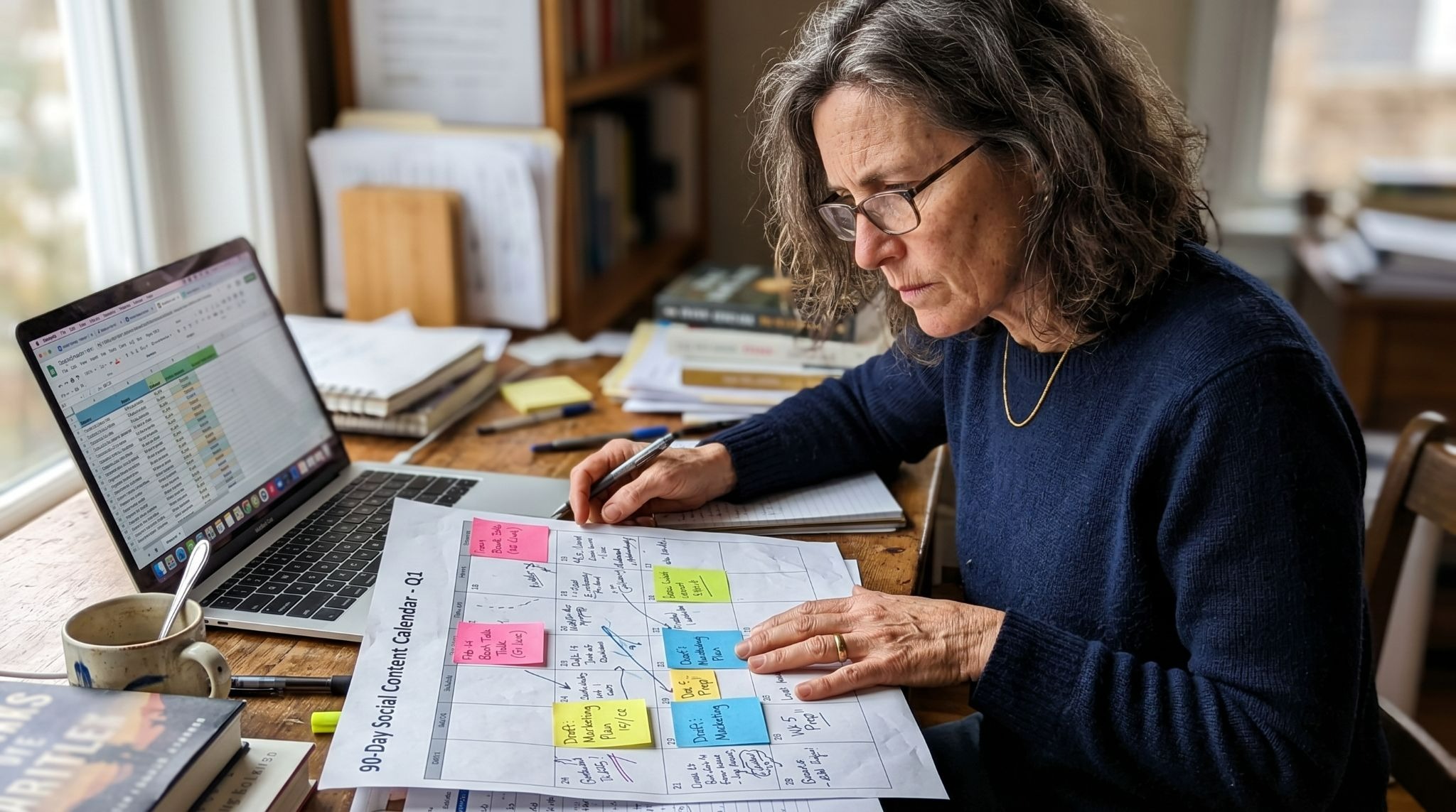 author reviewing content calendar