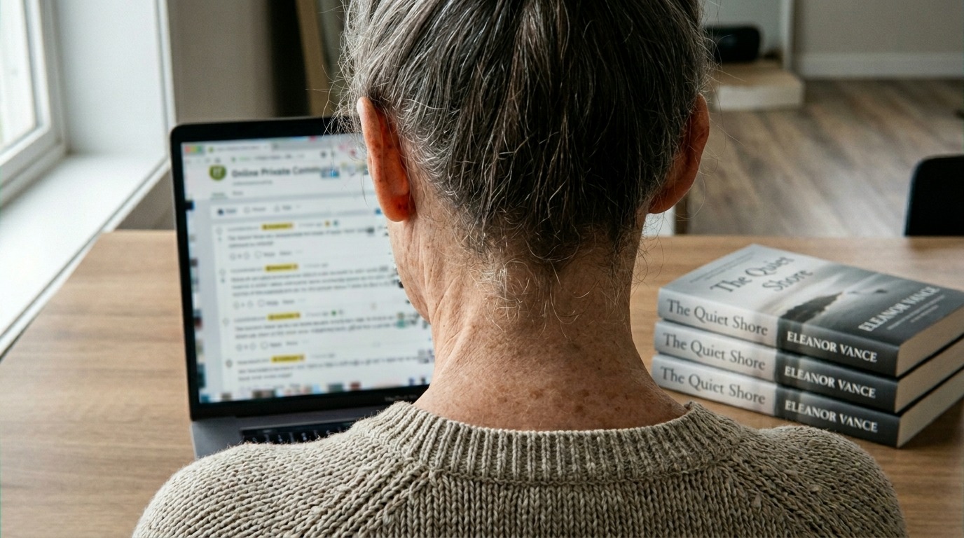 A group of readers connecting in a private online community forum moderated by an author