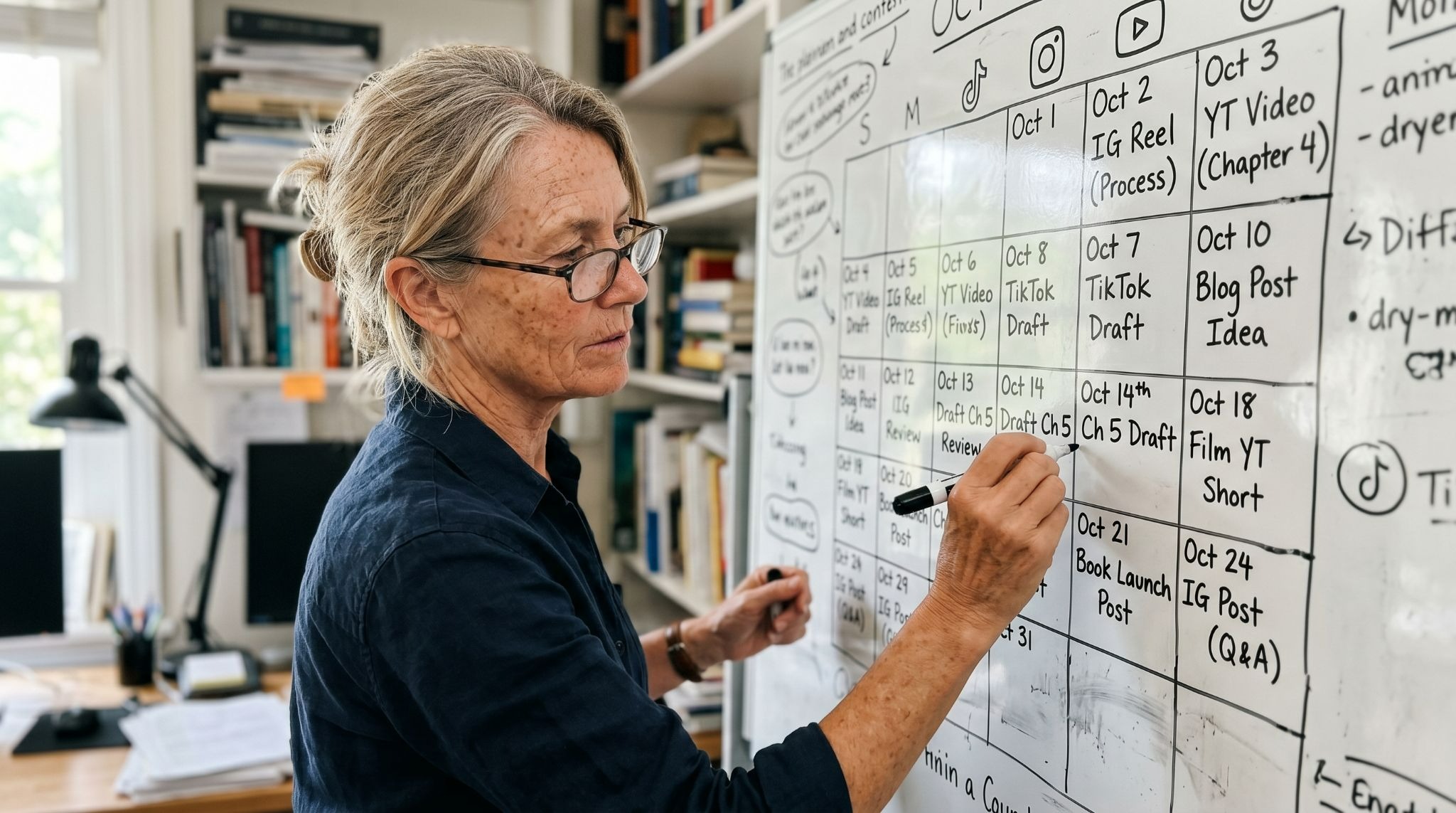 An author planning a content series on a whiteboard with social media platform icons and a calendar
