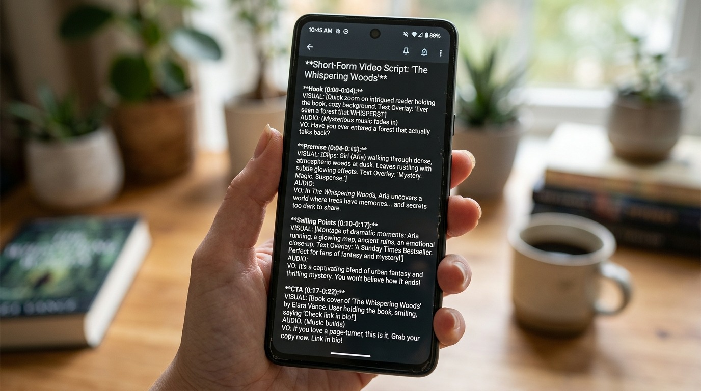 Close-up of a phone screen showing a short-form video script for a book promotion