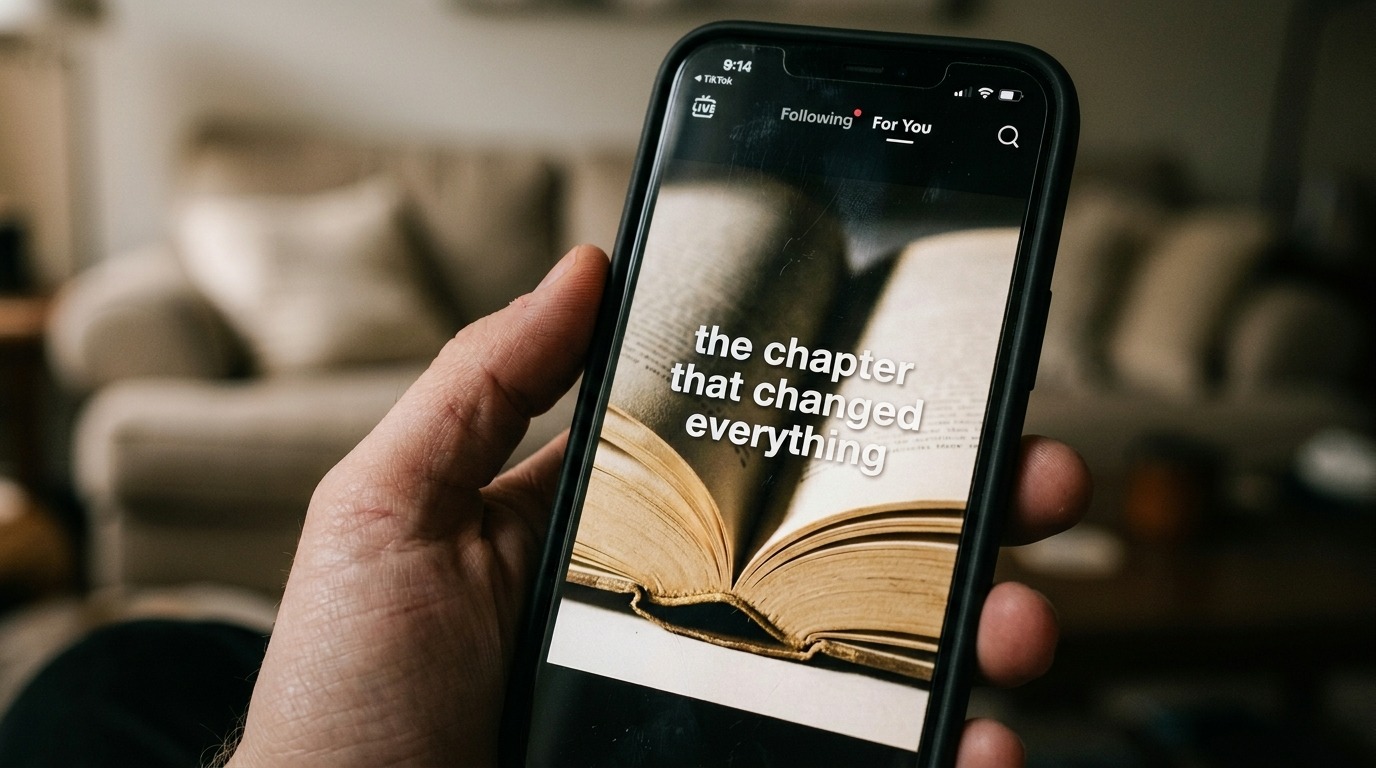 POV-style TikTok video thumbnail showing open book with dramatic lighting and overlay text