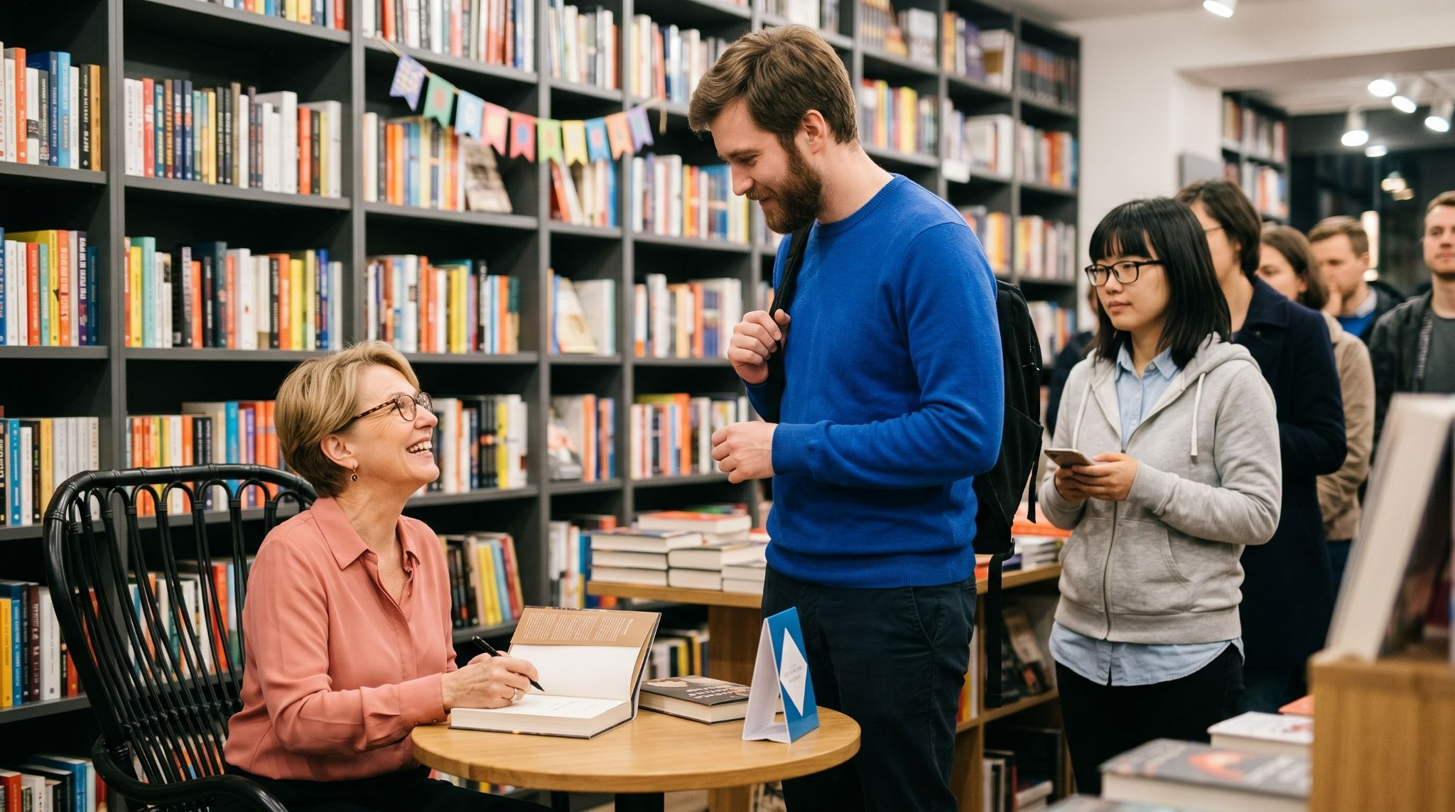 Author engaging with fans at a book signing event