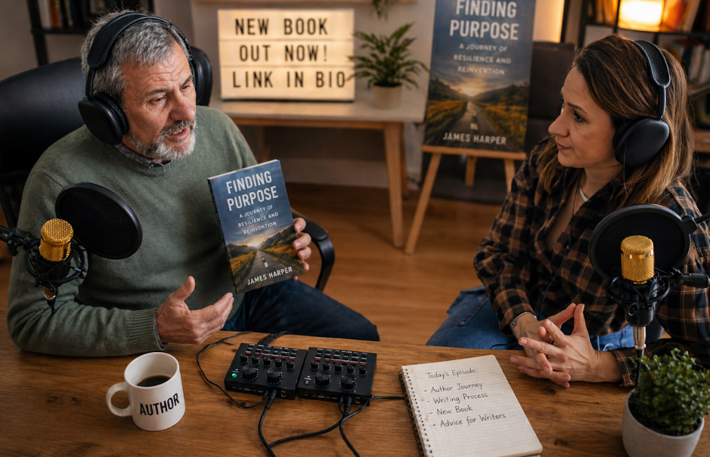 an elder male author promoting his book as a guest in a podcast show
