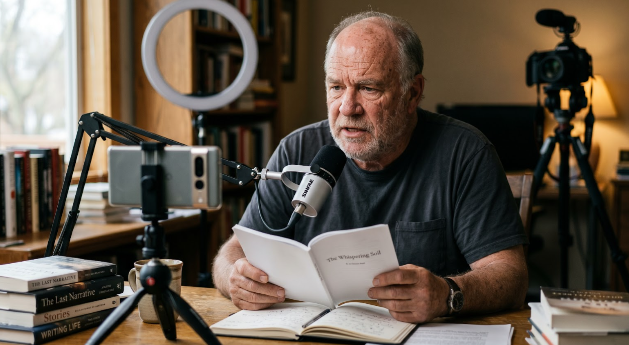 Author filming a short social media video about their book at a home desk with a ring light