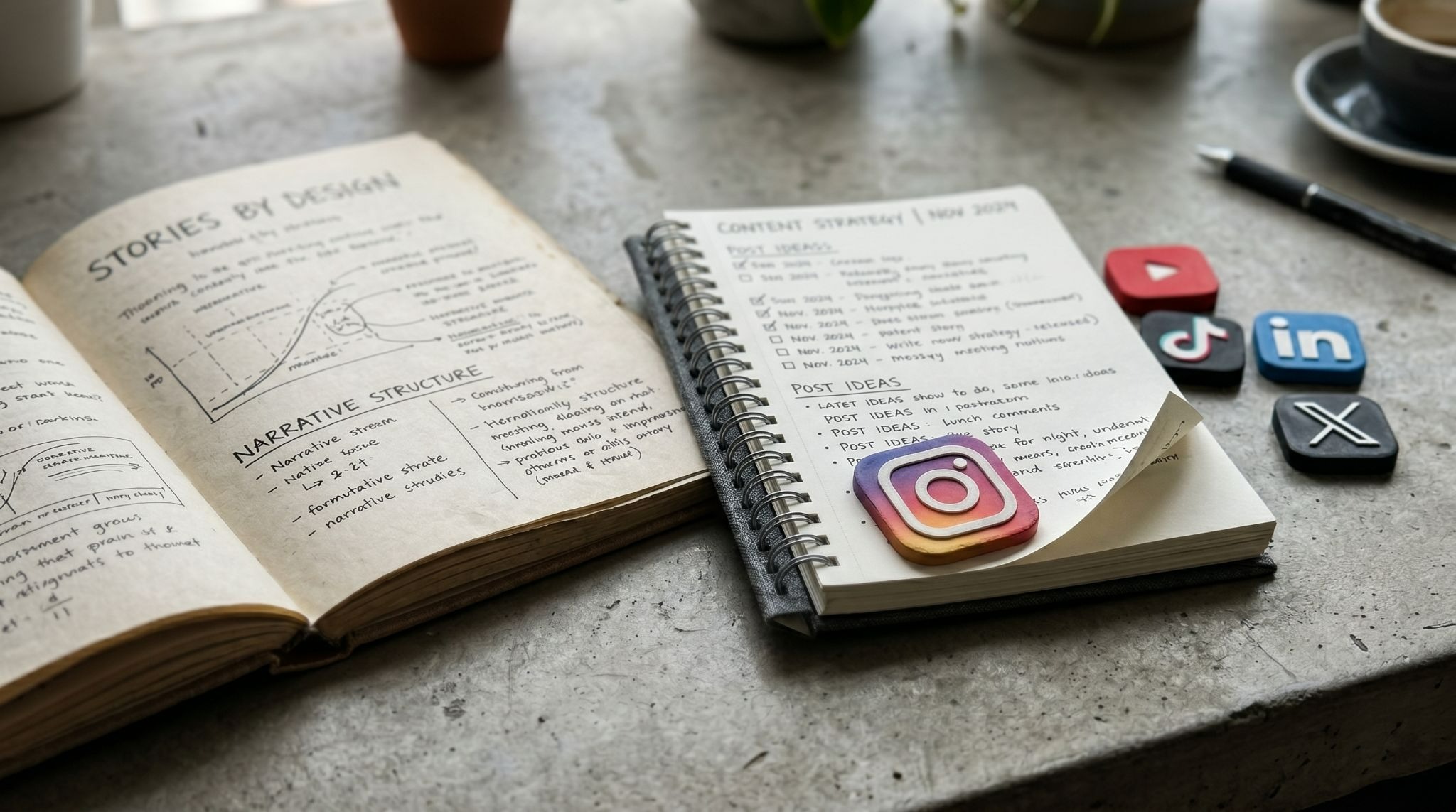 Social media platform icons arranged next to an open book and content planning notebook on a desk