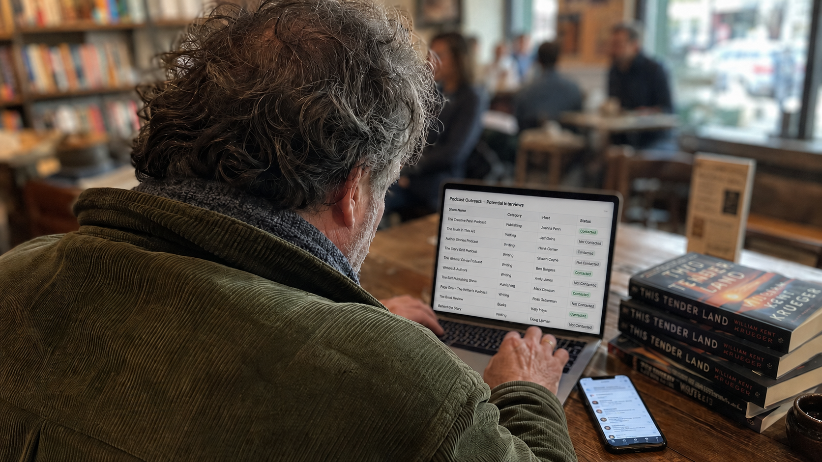  Author reviewing a list of podcast shows on a laptop 