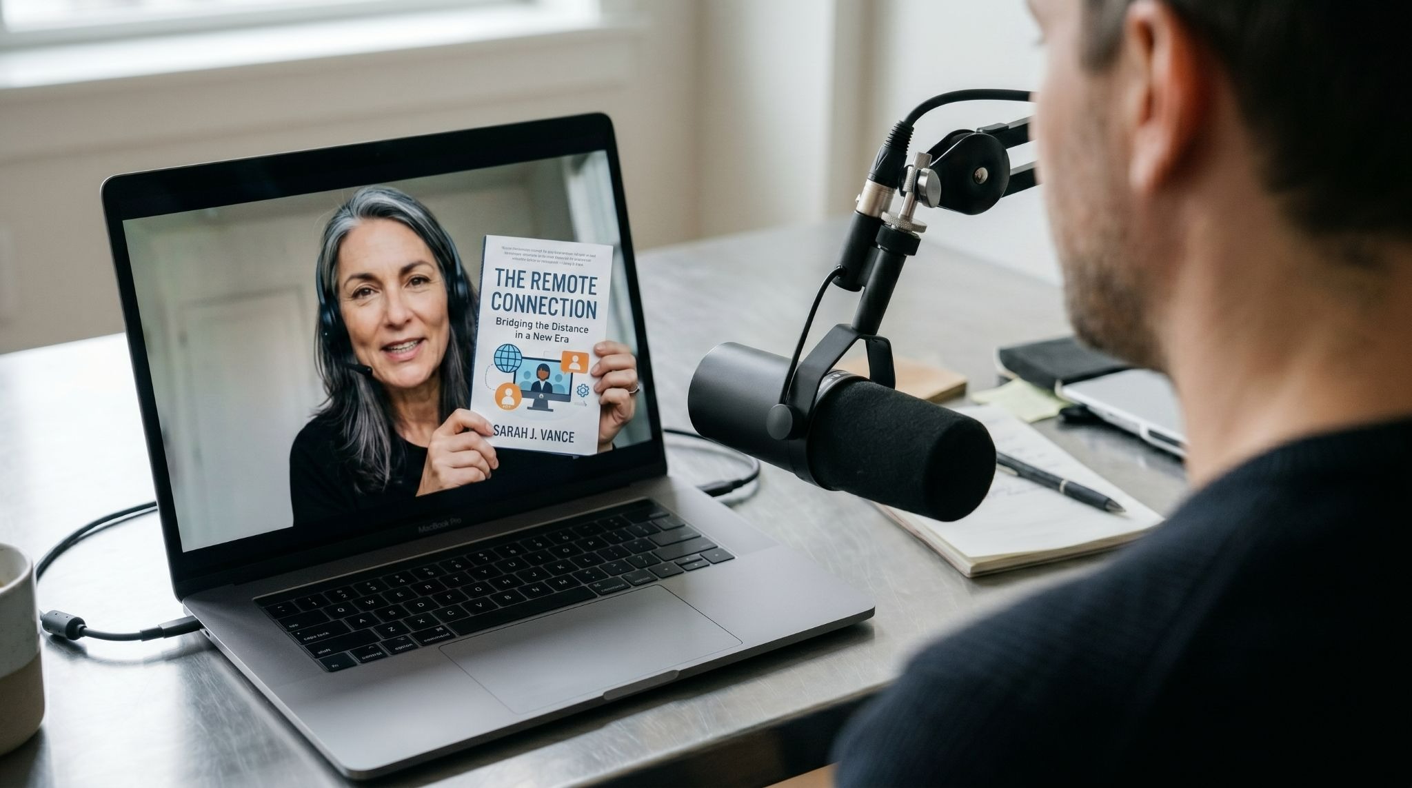 Author being interviewed on a podcast remotely
