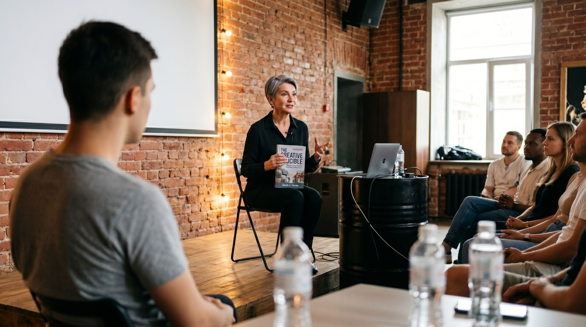 Author speaking at a panel or event, representing established thought leadership