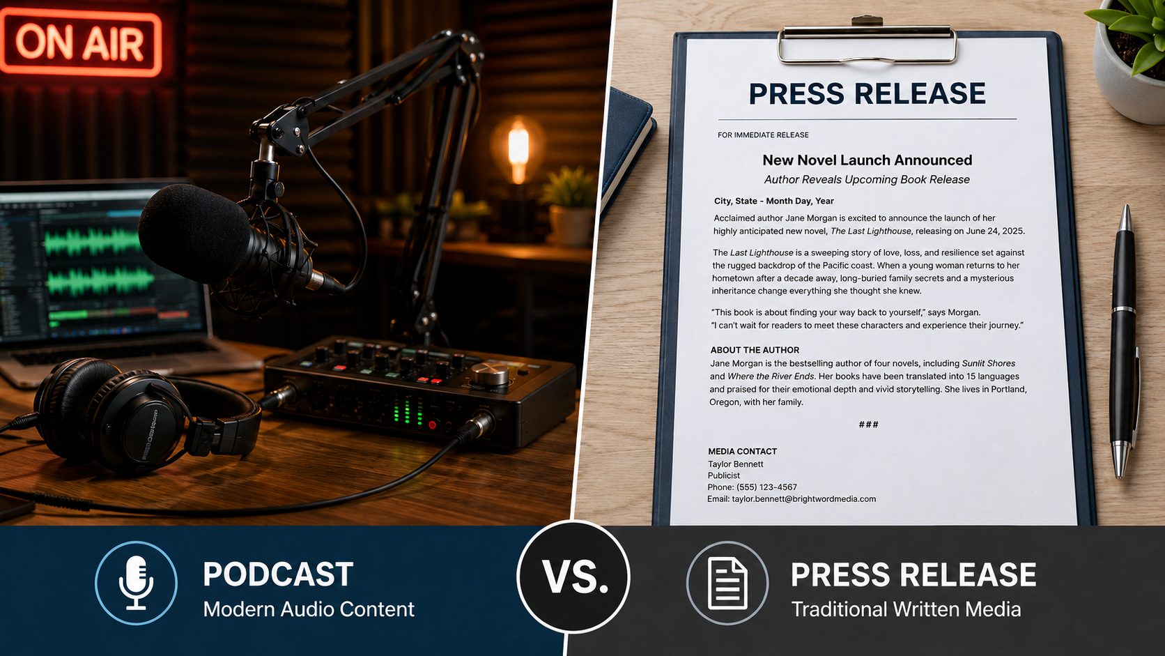 Split image showing a podcast recording setup next to a traditional press release document