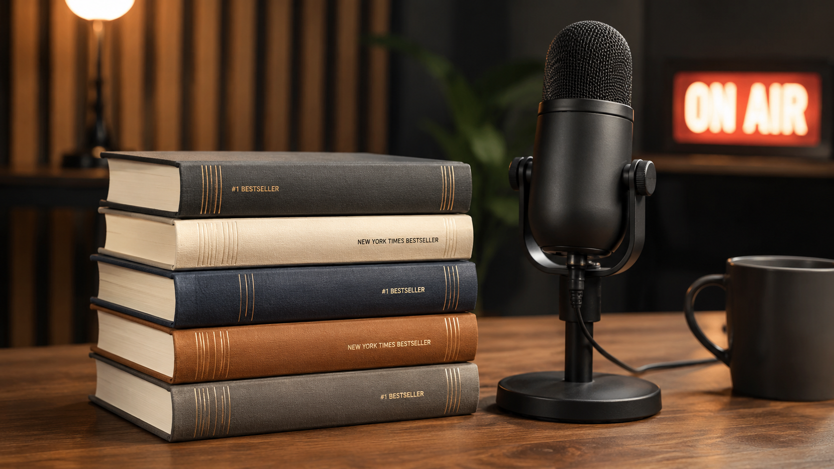 Podcast microphone beside a book stack