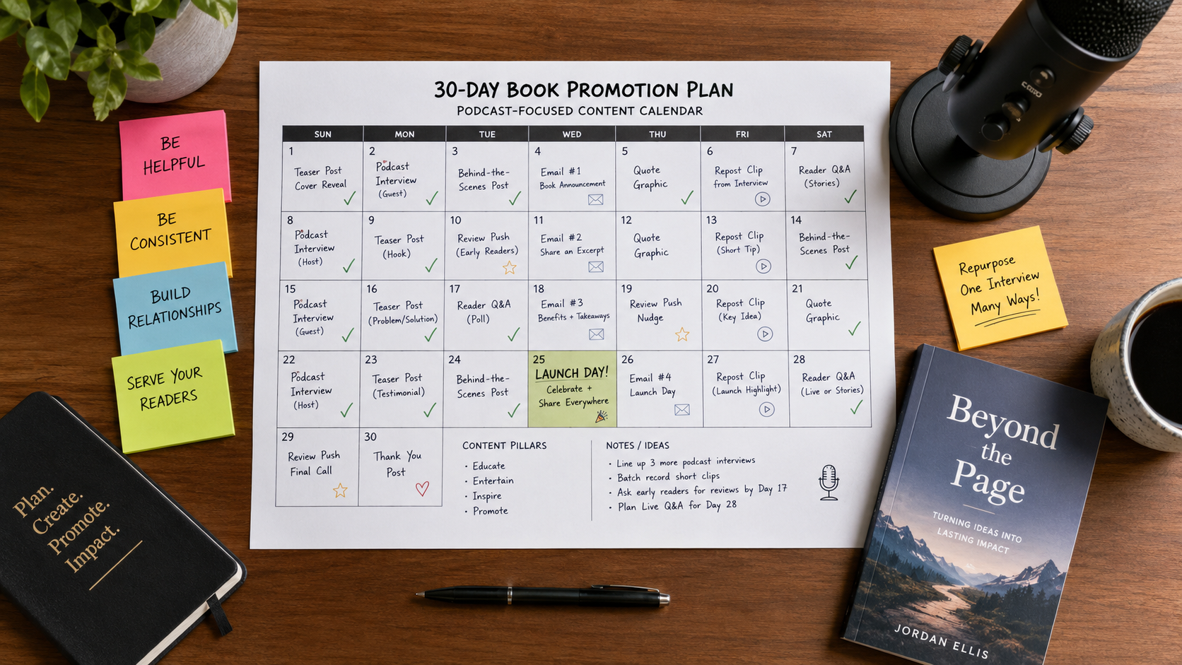 Overhead view of a content calendar on a desk