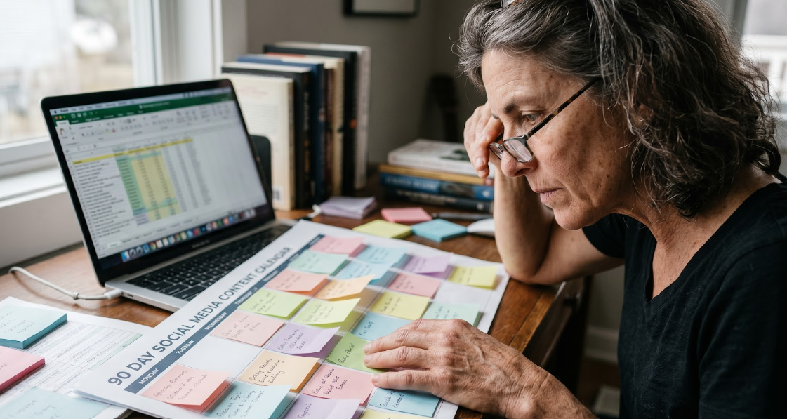 Author reviewing a 90-day social media content calendar spread across a desk with sticky notes and a laptop