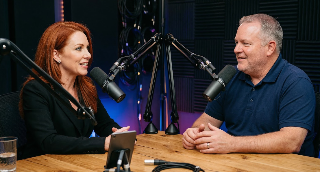 man and woman doing a podcast episode