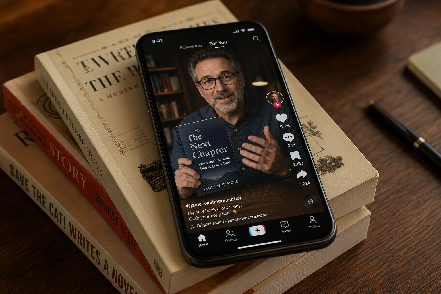 Stack of paperback books with a smartphone open to a TikTok video resting on top, styled on a wooden desk