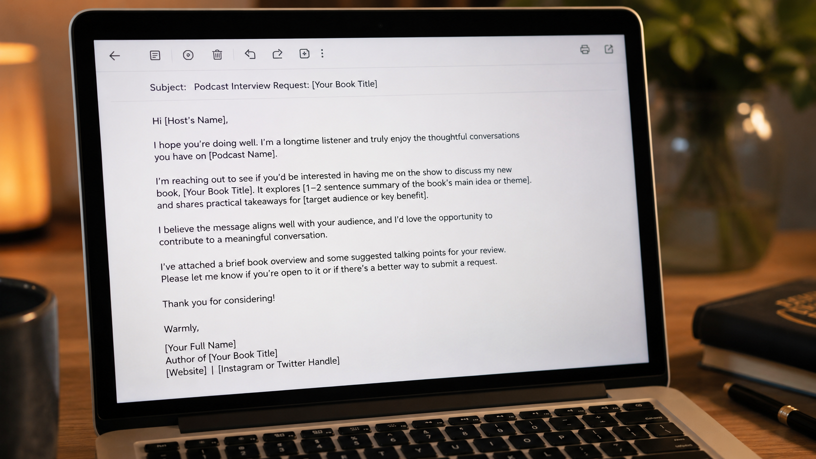 Workspace with email draft on laptop