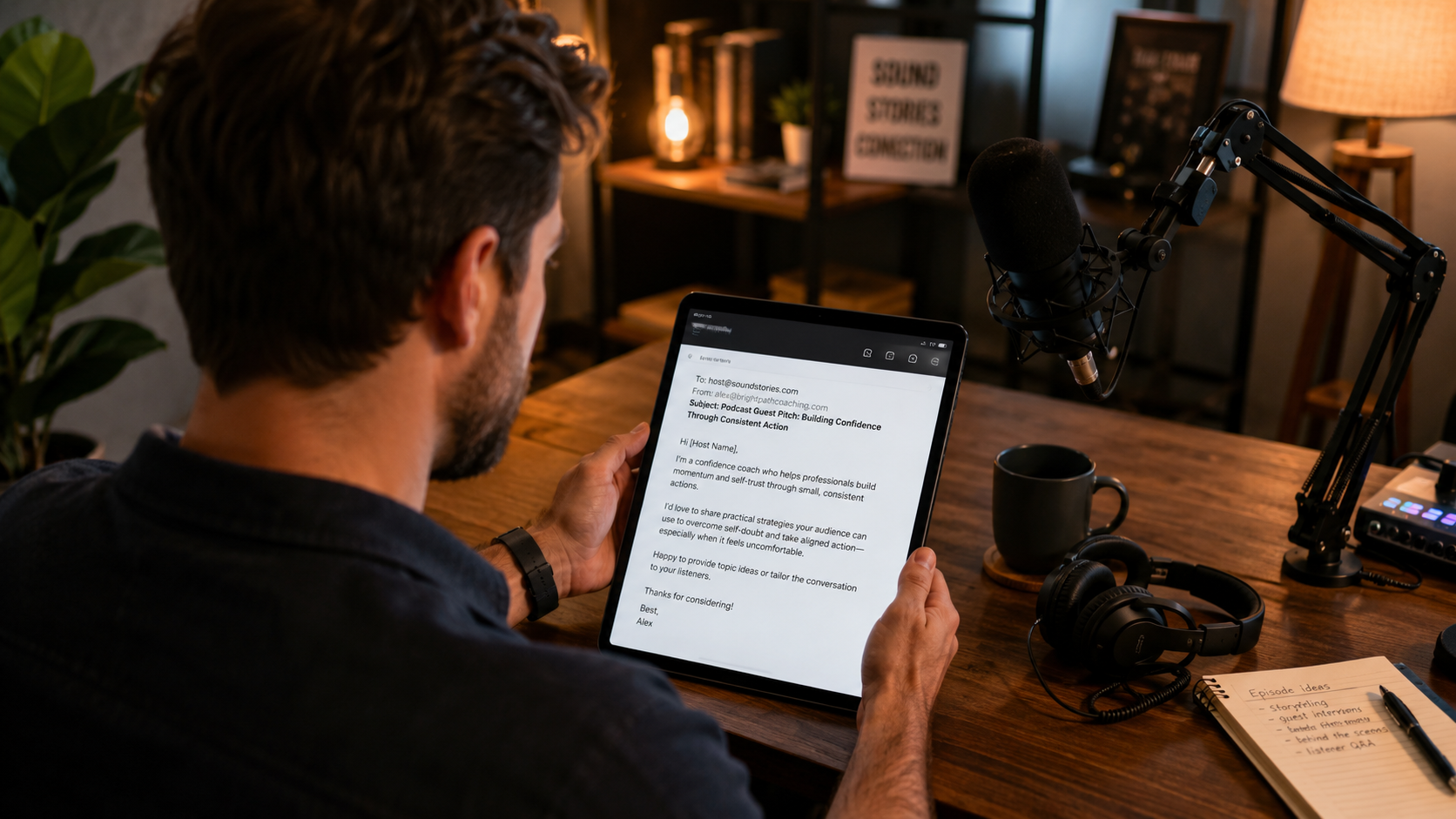 A host reviewing a short podcast guest pitch email on a tablet in a home studio, relaxed and focused expression