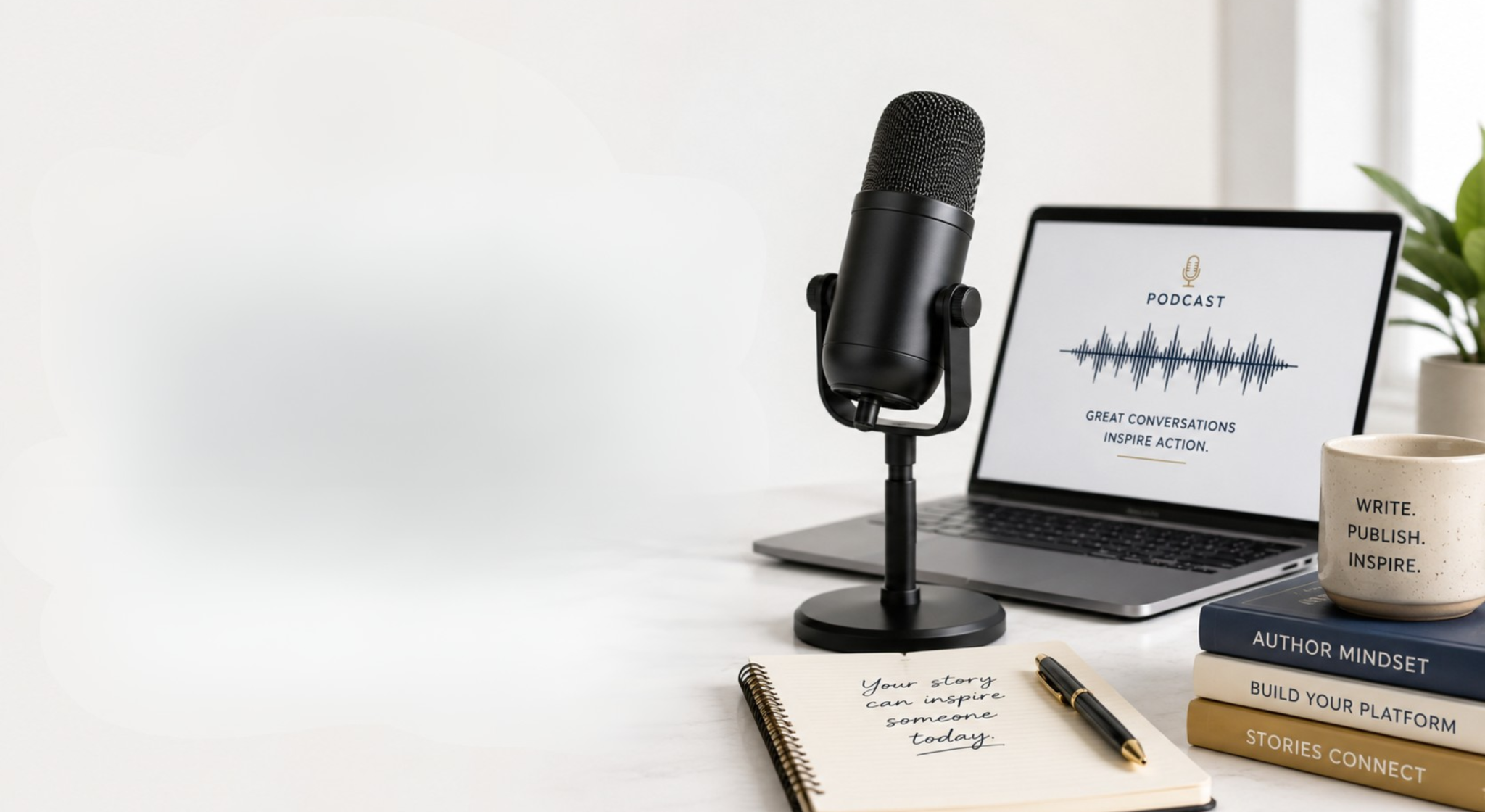 Banner graphic featuring a microphone and open laptop