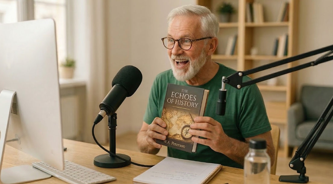 older man promoting his book online