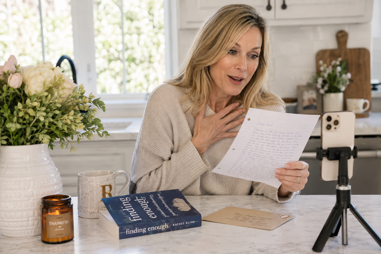 Woman filming a short video reacting to a handwritten reader letter