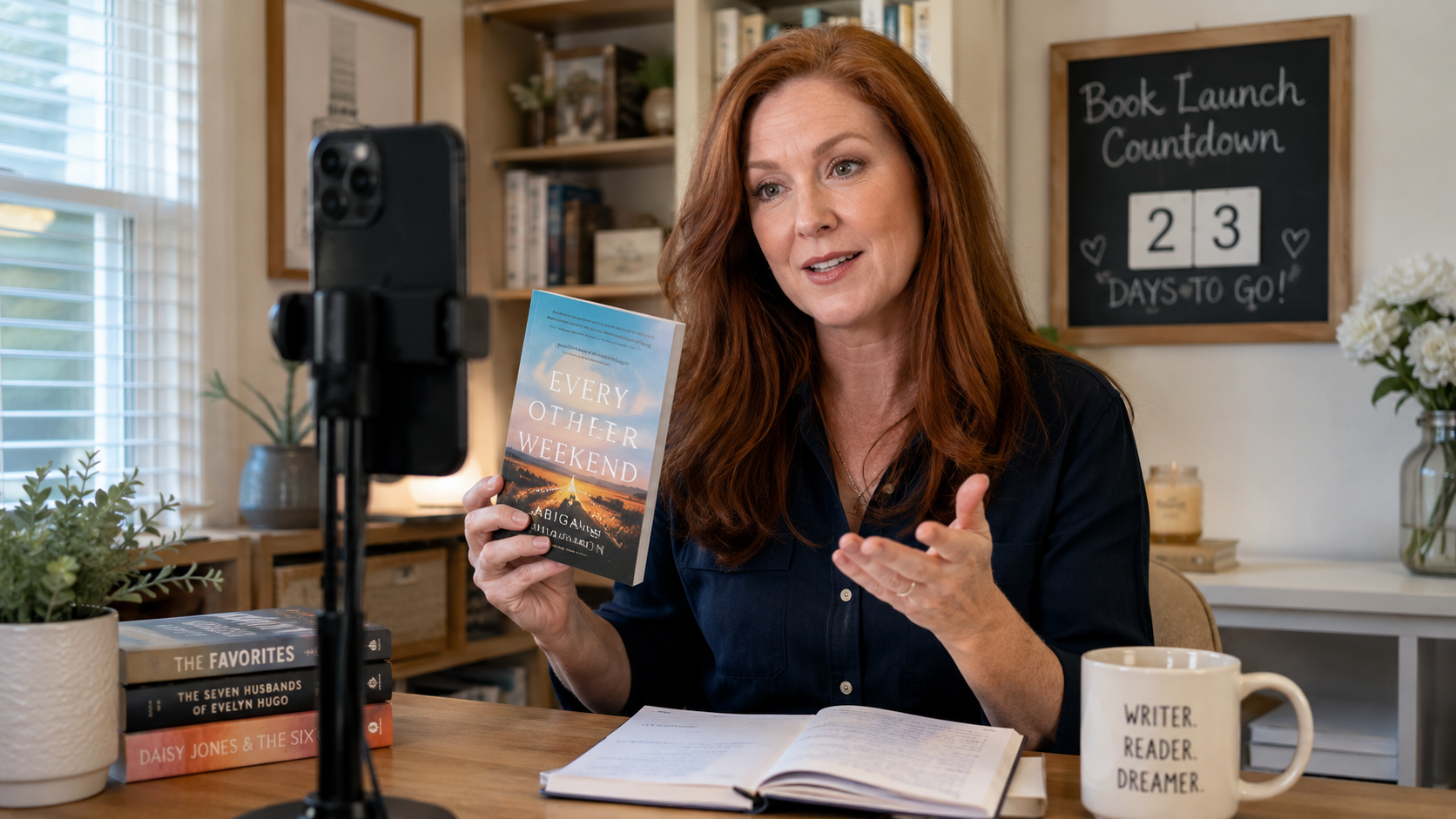 Author filming a BookTok video with a countdown calendar visible in the background