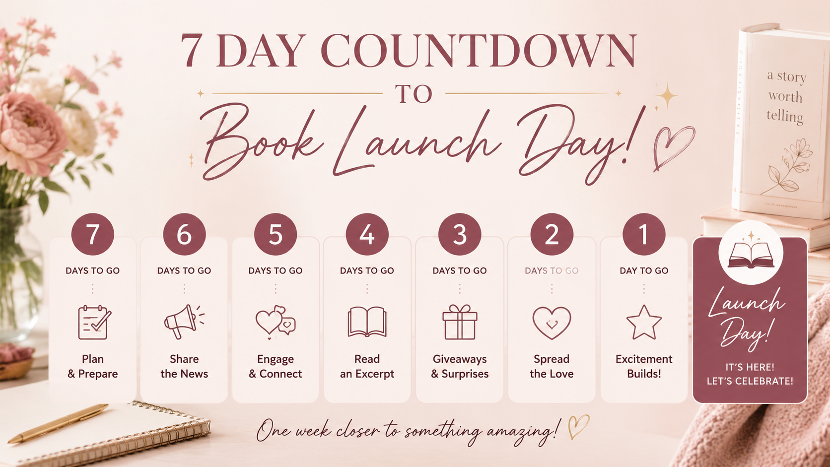 Banner graphic showing a seven day countdown to book launch day