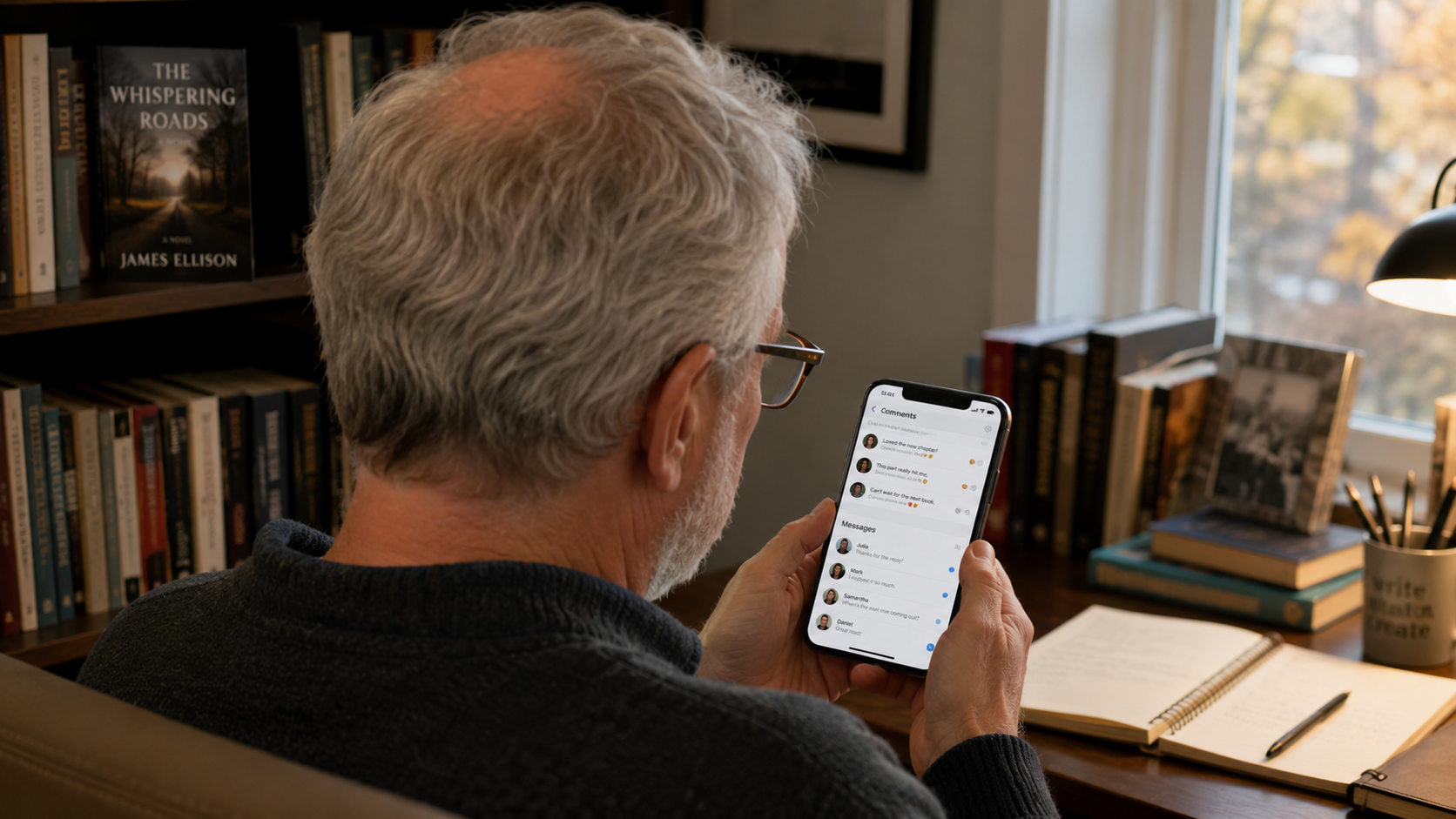 Author replying to comments and messages on a smartphone