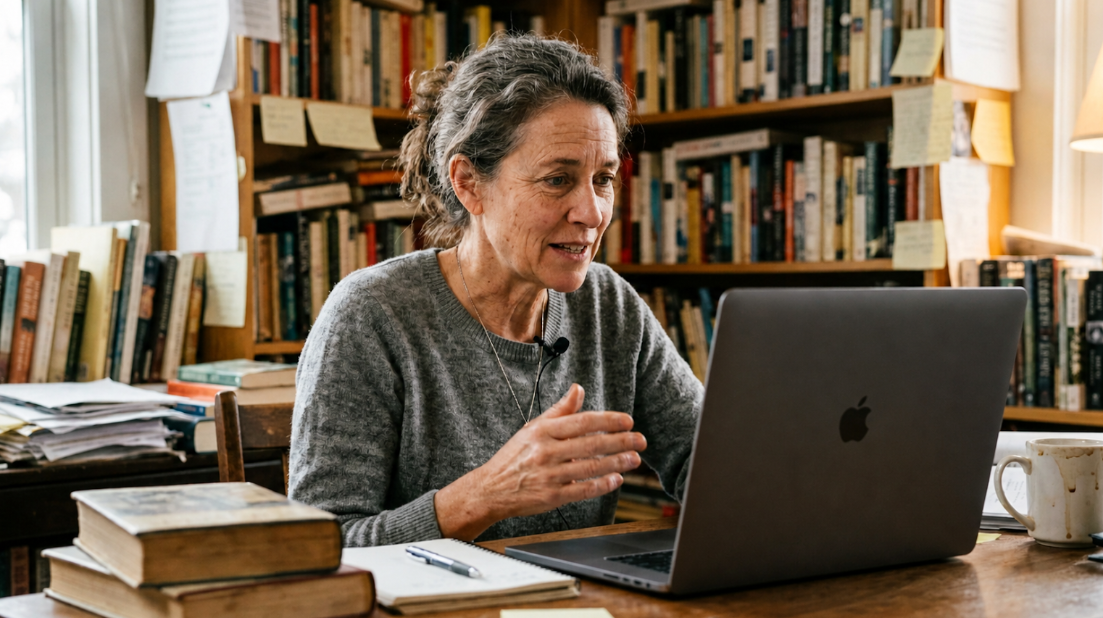 woman promoting her book online talking to people