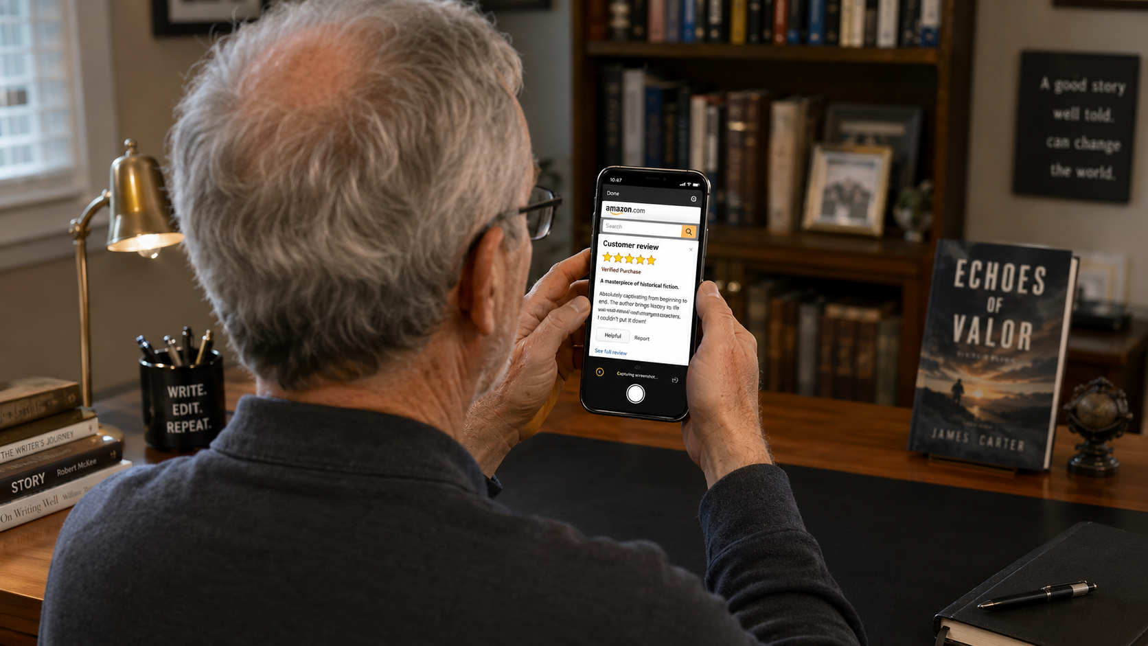 Author screenshotting a five-star reader review to share as an Instagram testimonial post