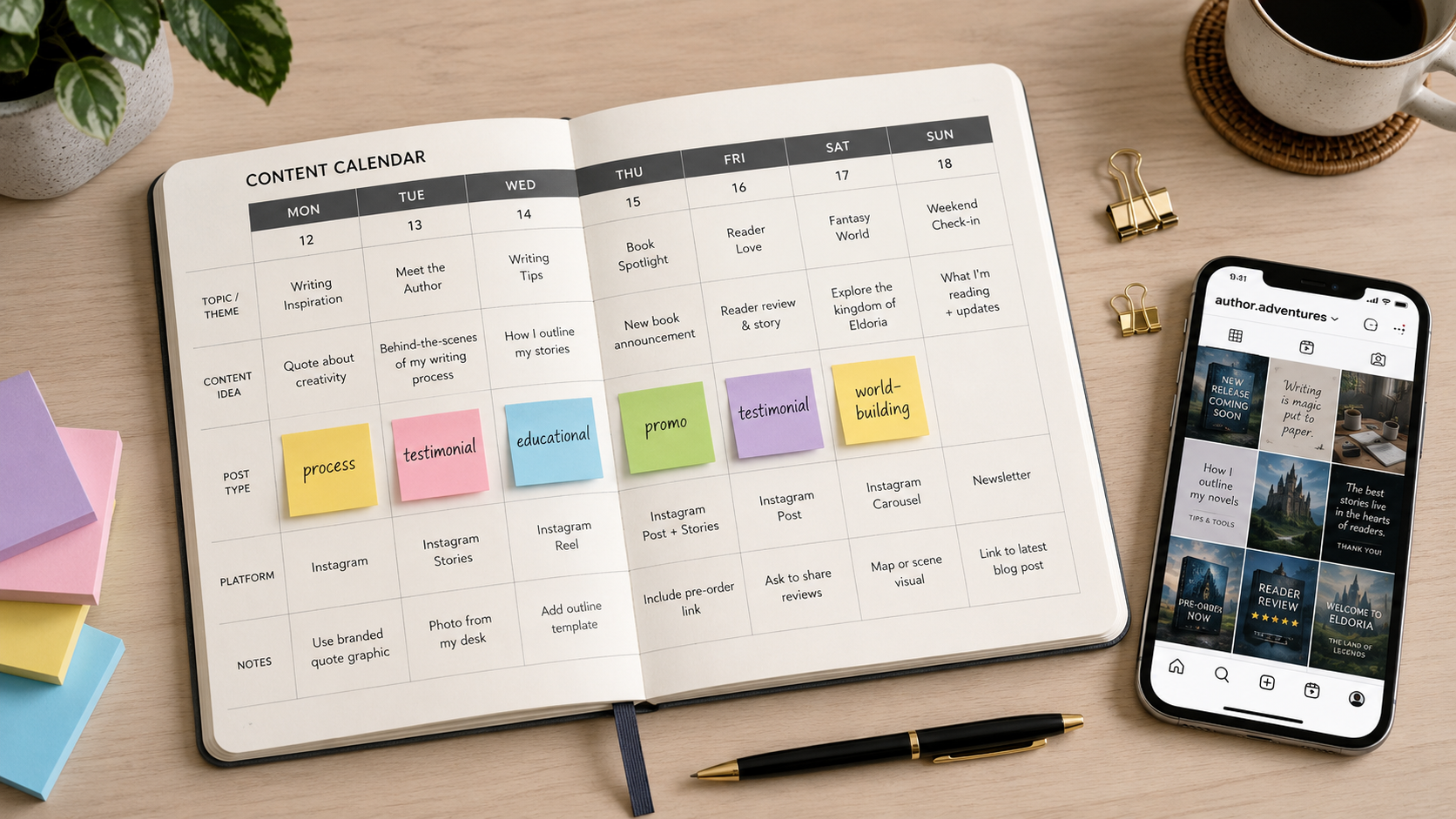 Author content calendar with Instagram post ideas, sticky notes, and a phone showing a book marketing grid 