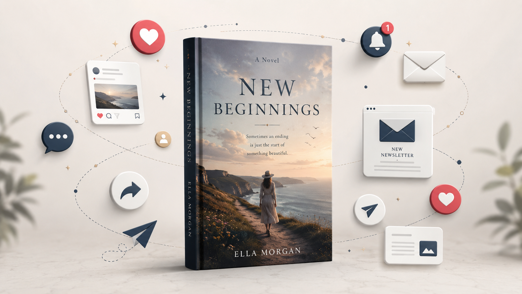 Banner graphic showing a debut book surrounded by social media and email marketing icons
