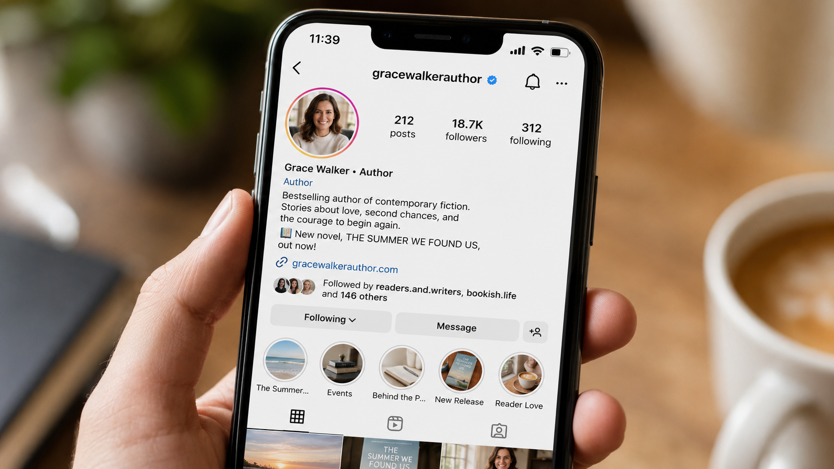 close-up of a smartphone showing an author Instagram bio with a link in bio button and story highlights