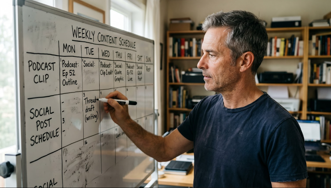 male author mapping out simple content on white board