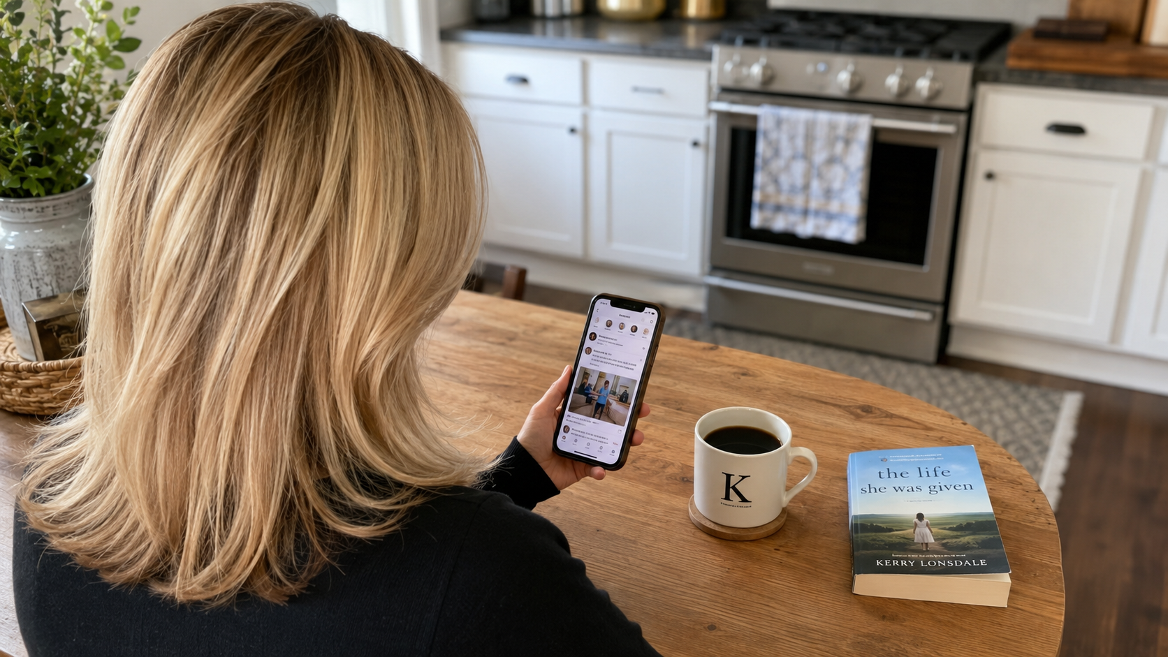 A white woman in her 40s scrolls through a social media feed on her phone while sitting at a kitchen table with a cup of coffee and a paperback book.