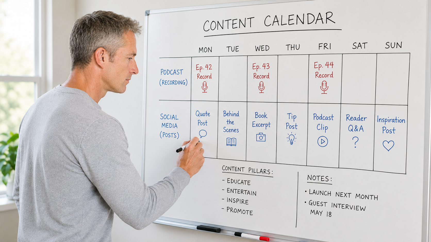 A white man in his 40s stands in front of a whiteboard sketching out a content calendar