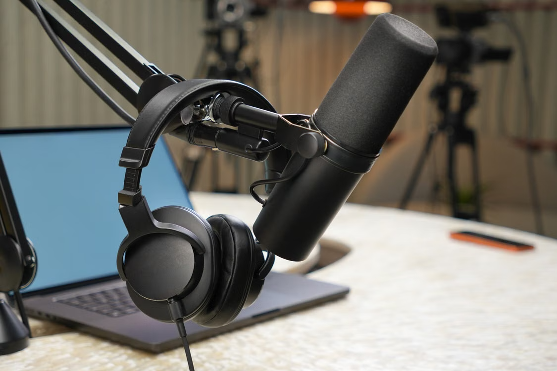 Podcast microphone setup used for author interviews and launch promotion