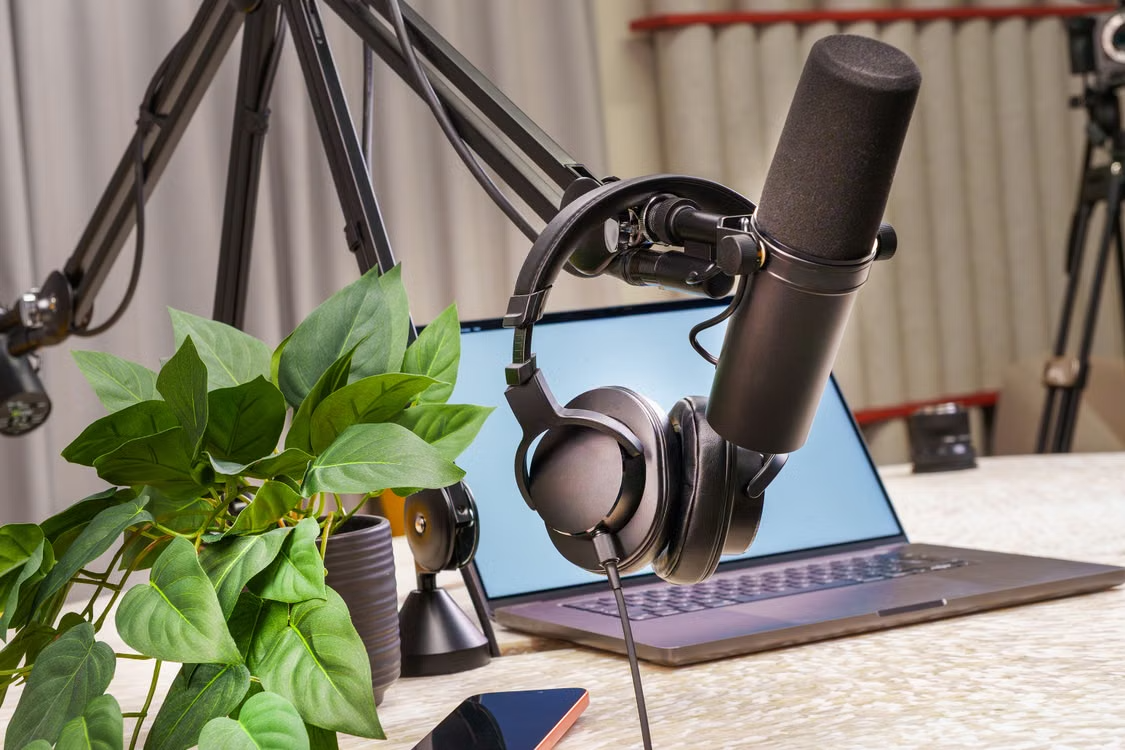 Podcast microphone setup used for author interviews and launch promotion