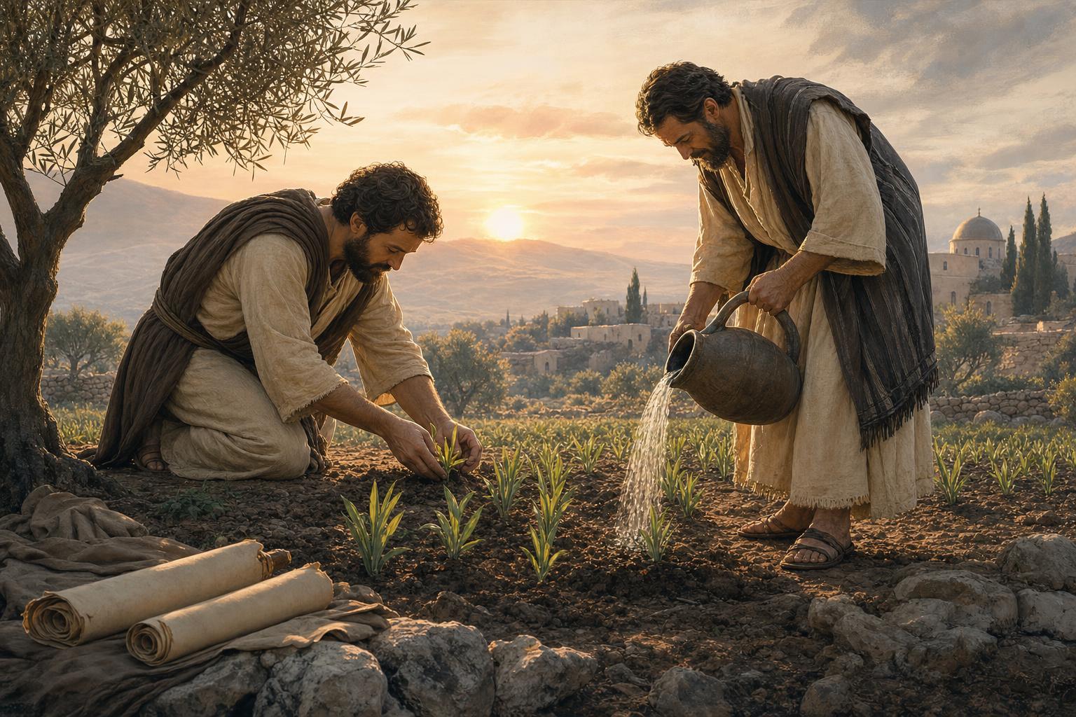 Two faithful servants planting and watering as a picture of Paul and Apollos serving together