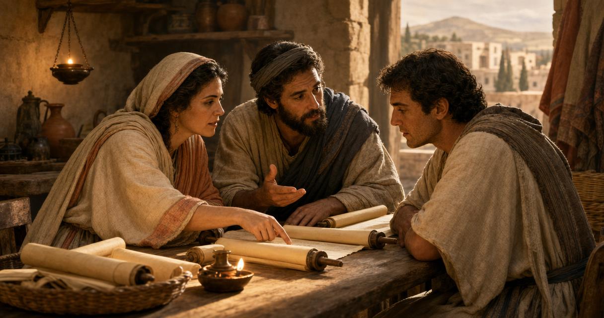 Priscilla and Aquila explaining Scripture to Apollos in Ephesus