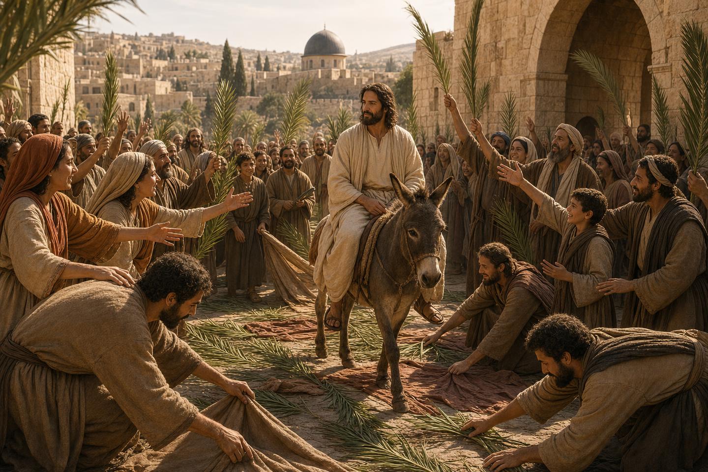 Jesus entering Jerusalem on a donkey while people welcome Him with palm branches