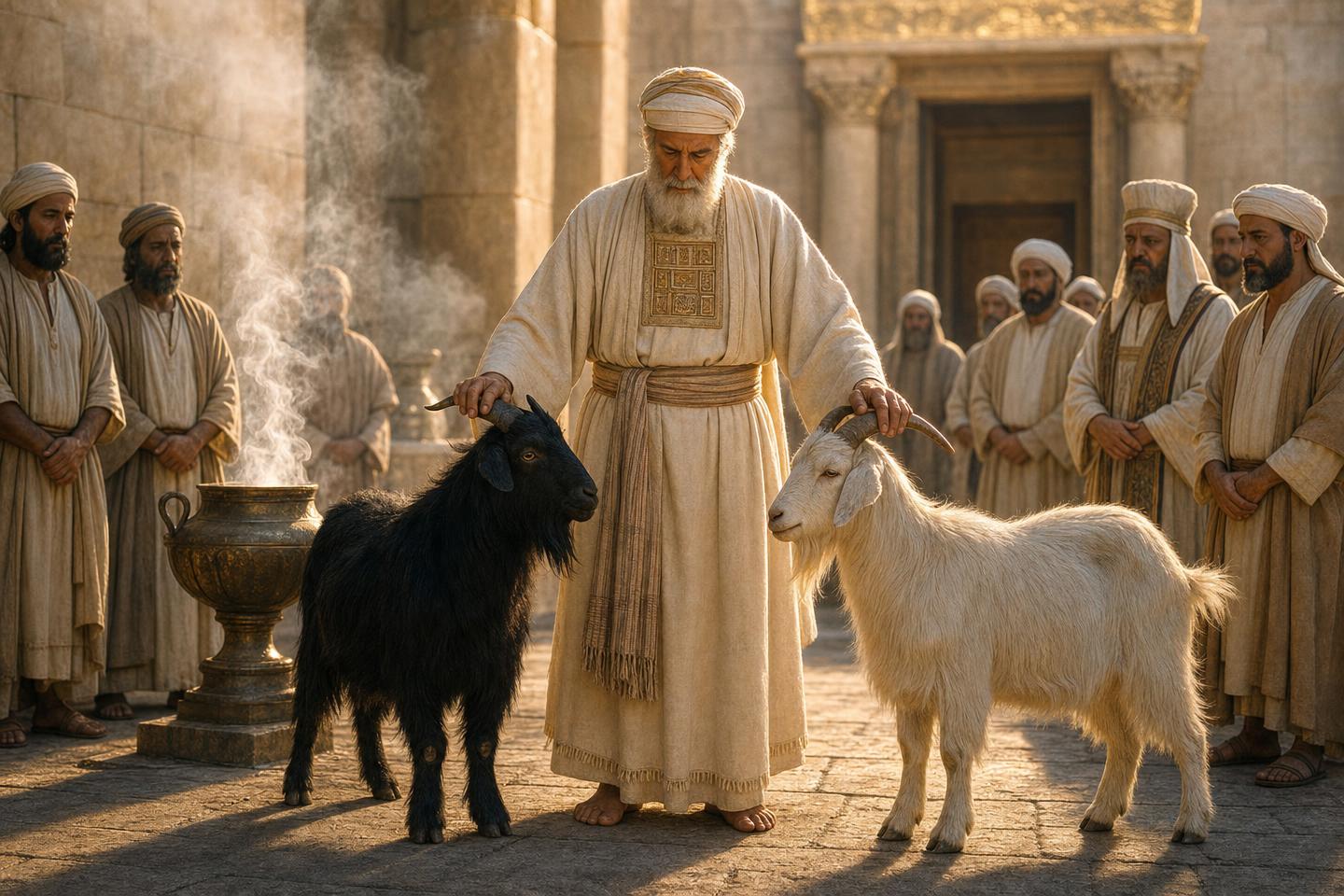 A high priest and two goats in a solemn Day of Atonement setting