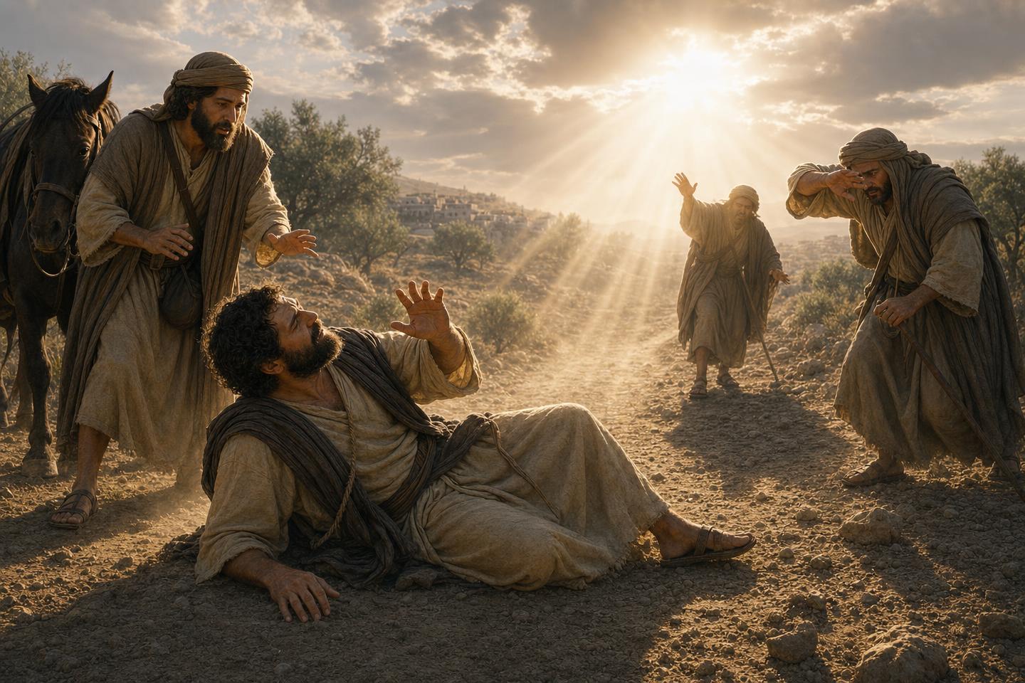 Saul on the road to Damascus overwhelmed by a bright heavenly light