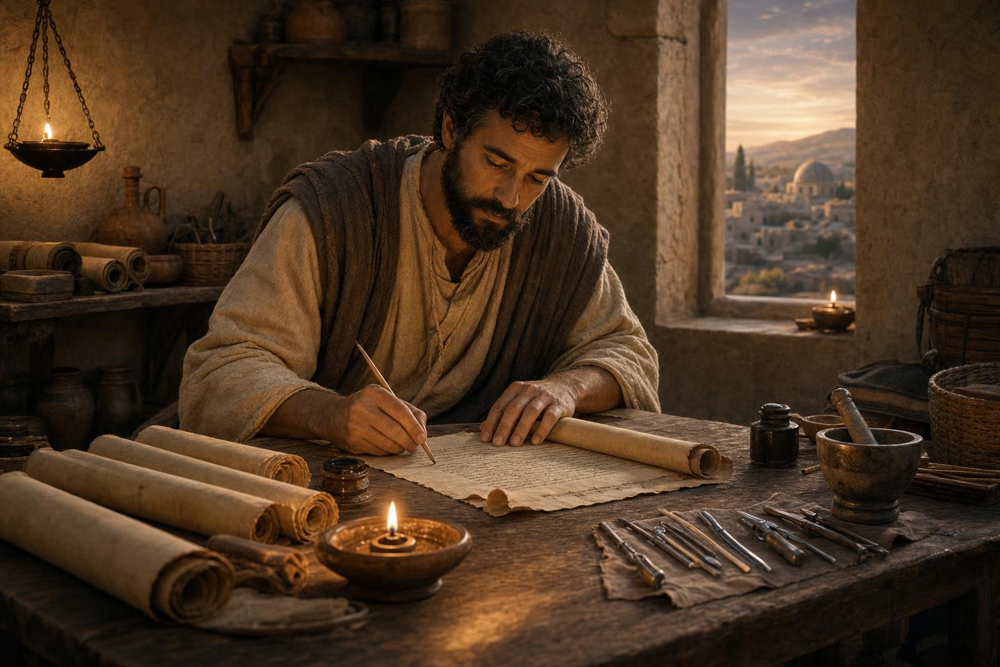 Luke the beloved physician writing an orderly account by lamplight with scrolls and tools