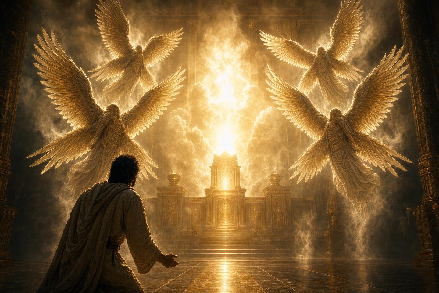Seraphim surrounding a radiant throne in Isaiah's temple vision with smoke and six wings