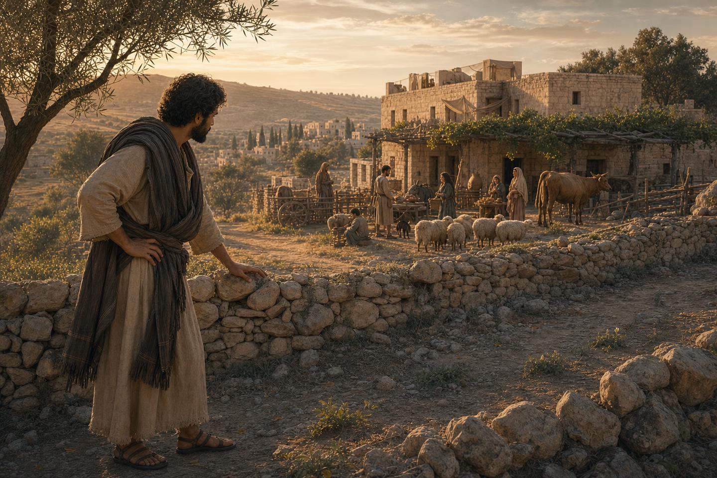 An ancient man looking longingly toward a neighbor's home and possessions beyond a boundary