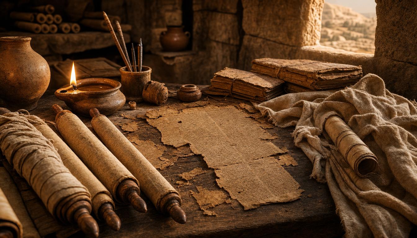 Ancient Book of Enoch manuscript fragments and scrolls by lamplight in a desert study setting