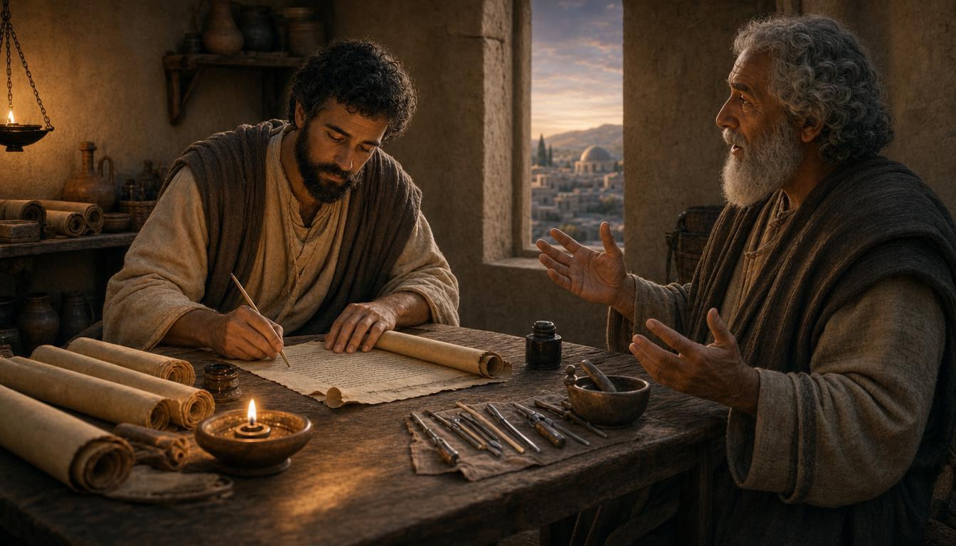Mark writing a Gospel account while Peter speaks nearby as an older eyewitness