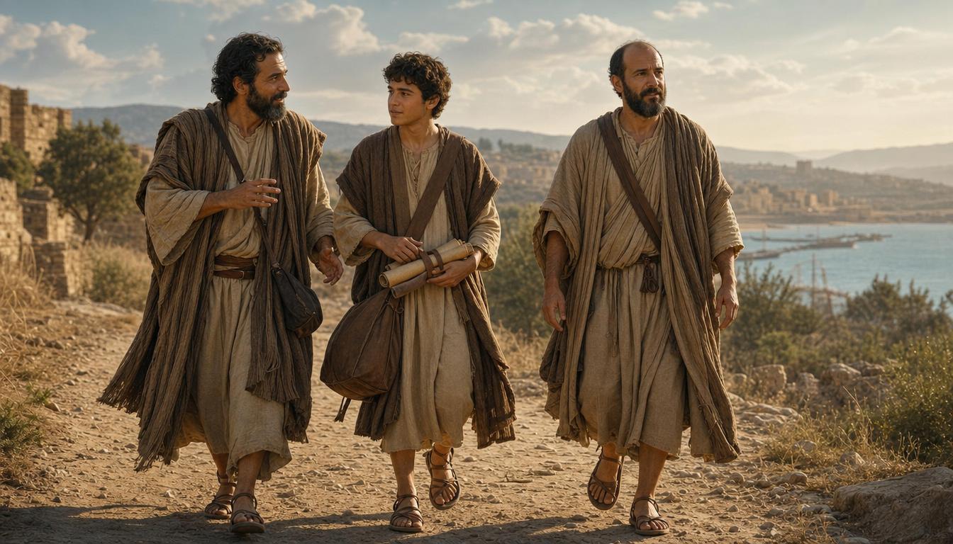 John Mark traveling with Barnabas and Paul on an early Christian journey